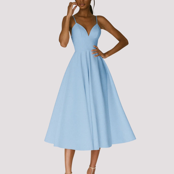 Women's Refined Midi Wedding Guest Dress in Blue