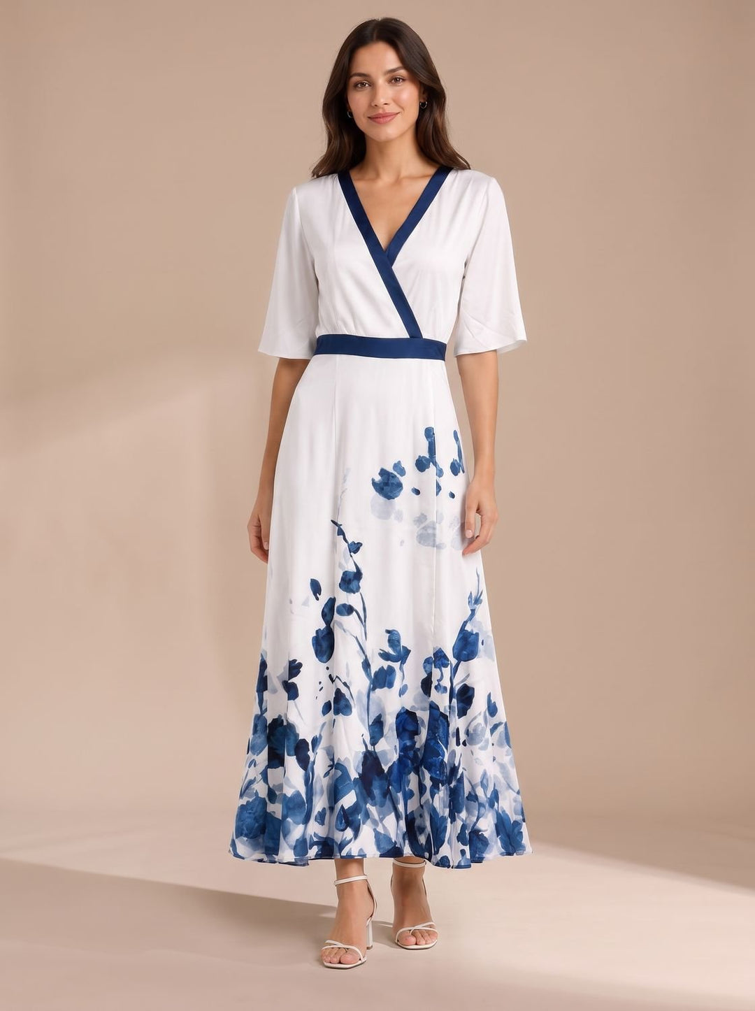 Women's Ruffled Floral Maxi Christmas Party Dress in Ivory Blossom