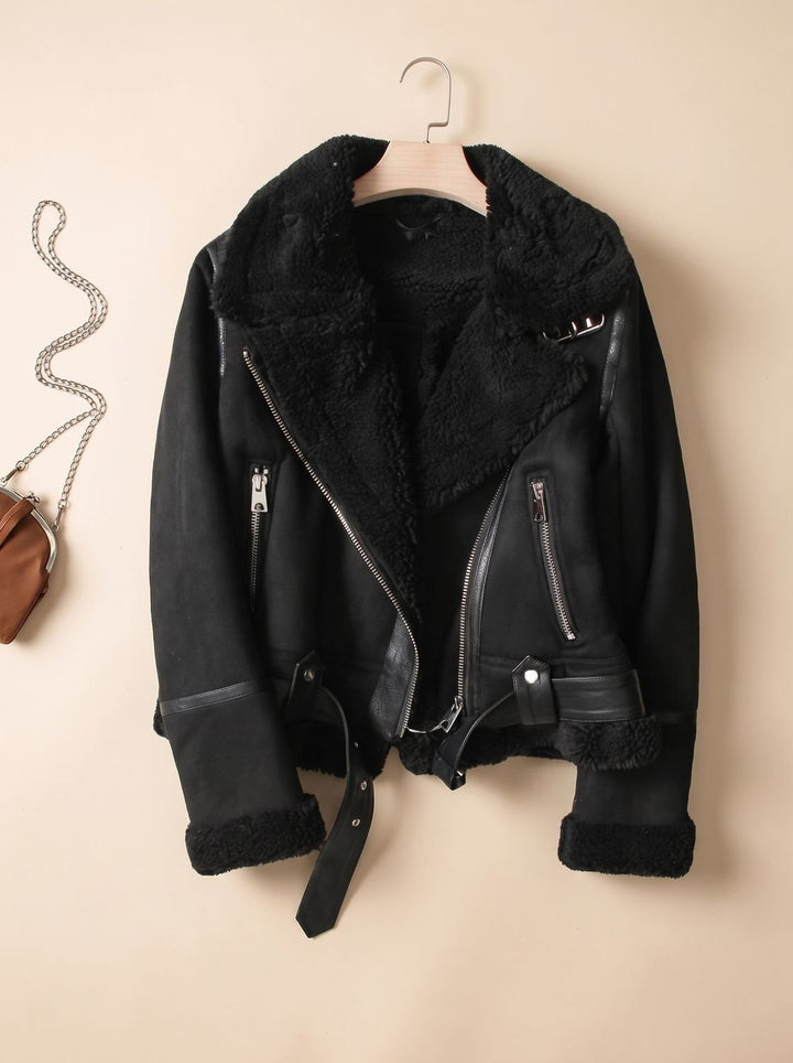 Women's Shearling-Lined Moto Winter Coat in Black