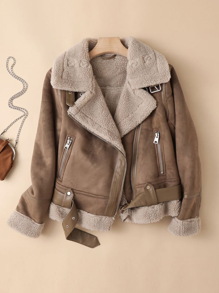 Women's Shearling-Lined Moto Winter Coat in Brown 1
