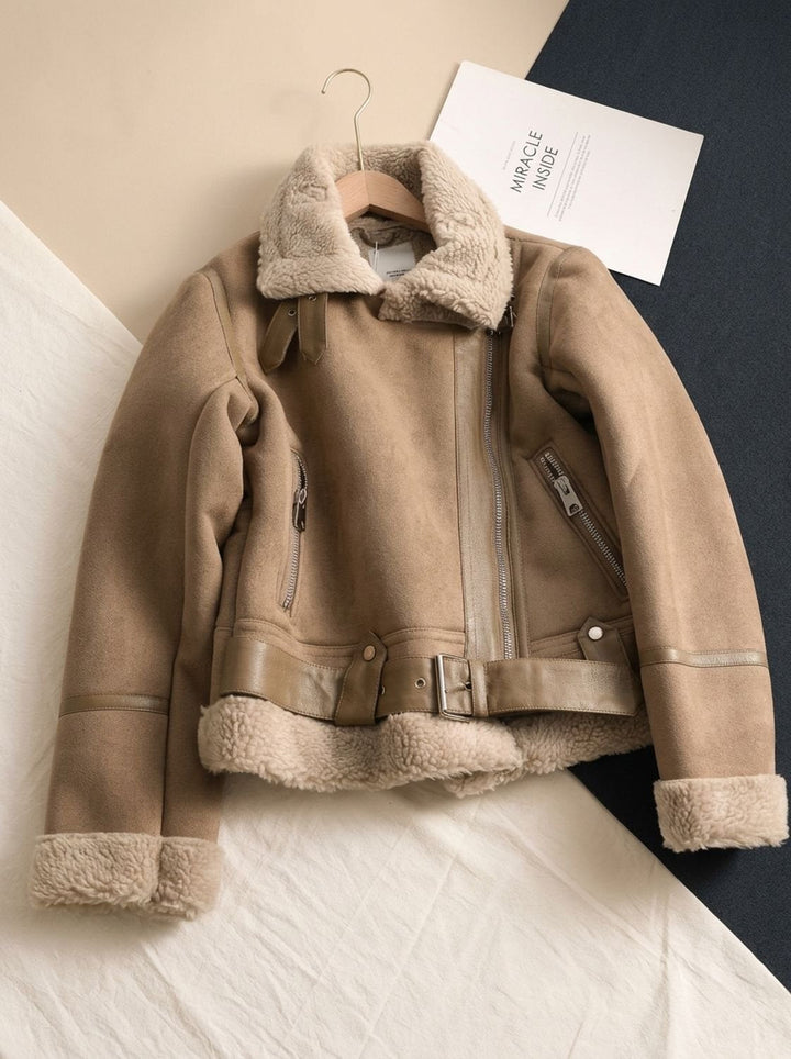 Women's Shearling-Lined Moto Winter Coat in Brown 3
