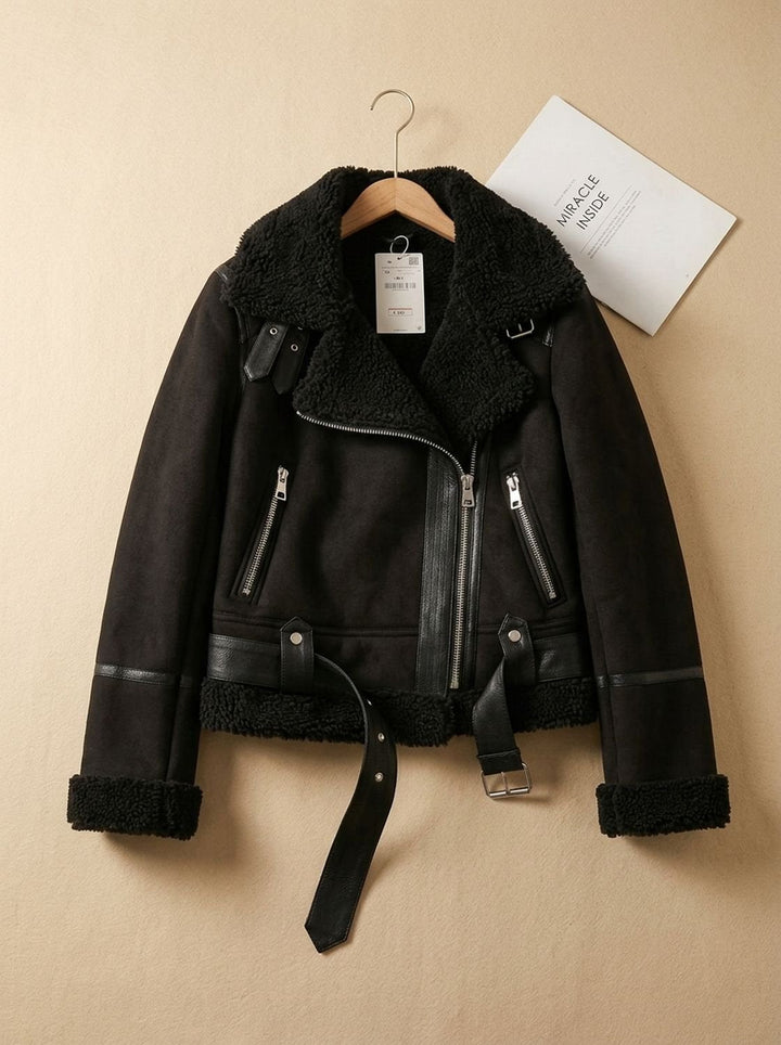 Women's Shearling-Lined Moto Winter Coat in Brown 4