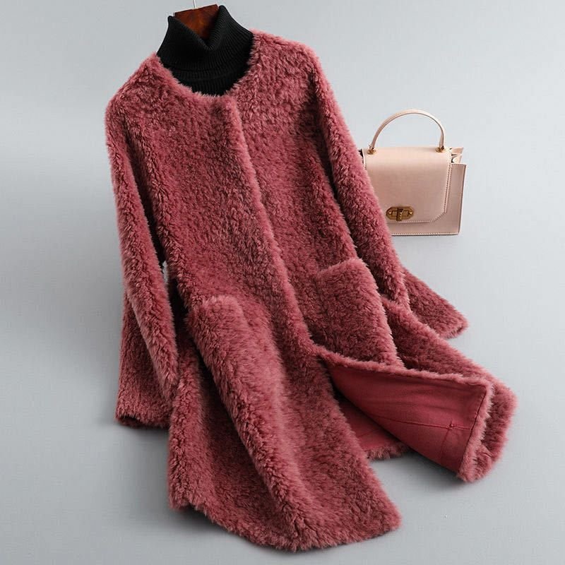 Women's Shearling Trench Coat for Winter in Crimson Red