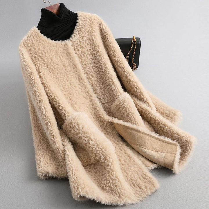 Women's Shearling Trench Coat for Winter in Khaki Beige