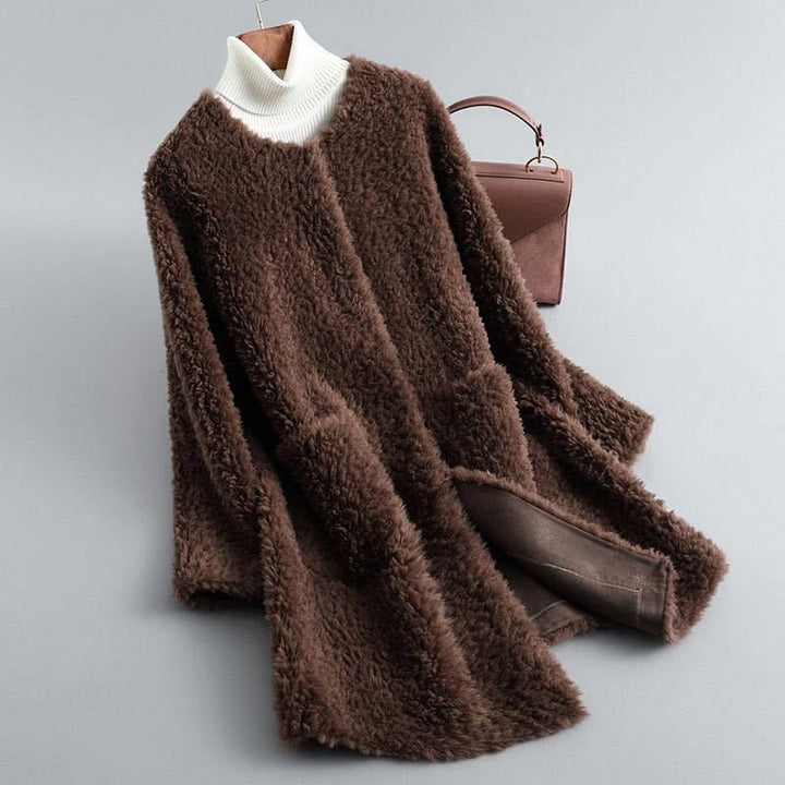 Women's Shearling Trench Coat for Winter in Mocha Brown