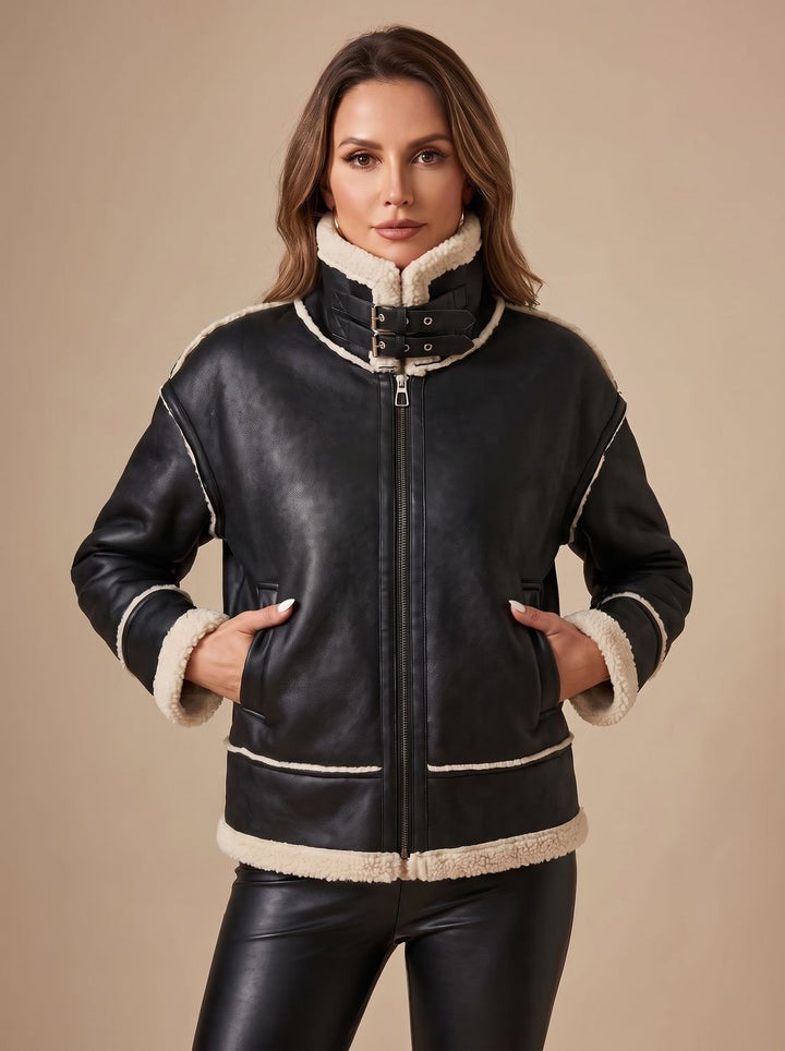 Women's Sherpa-Lined Faux Leather Aviator Coat in Black 1