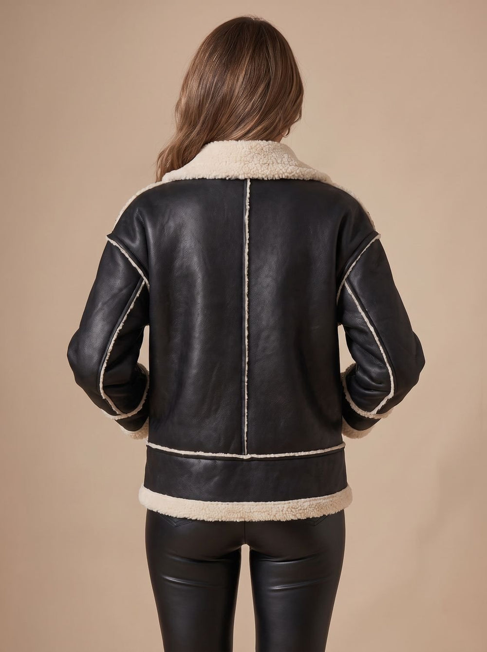 Women's Sherpa-Lined Faux Leather Aviator Coat in Black 3