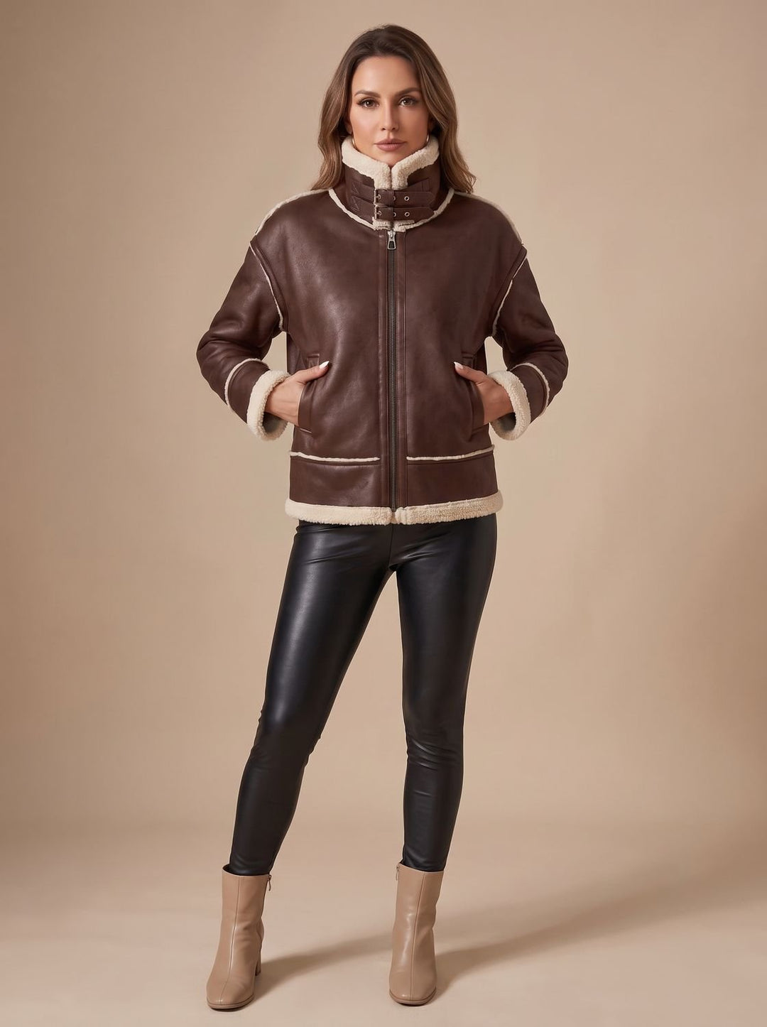 Women's Sherpa-Lined Faux Leather Aviator Coat in Black 4