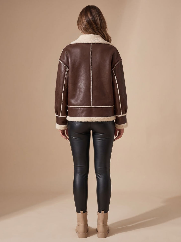 Women's Sherpa-Lined Faux Leather Aviator Coat in Black 5