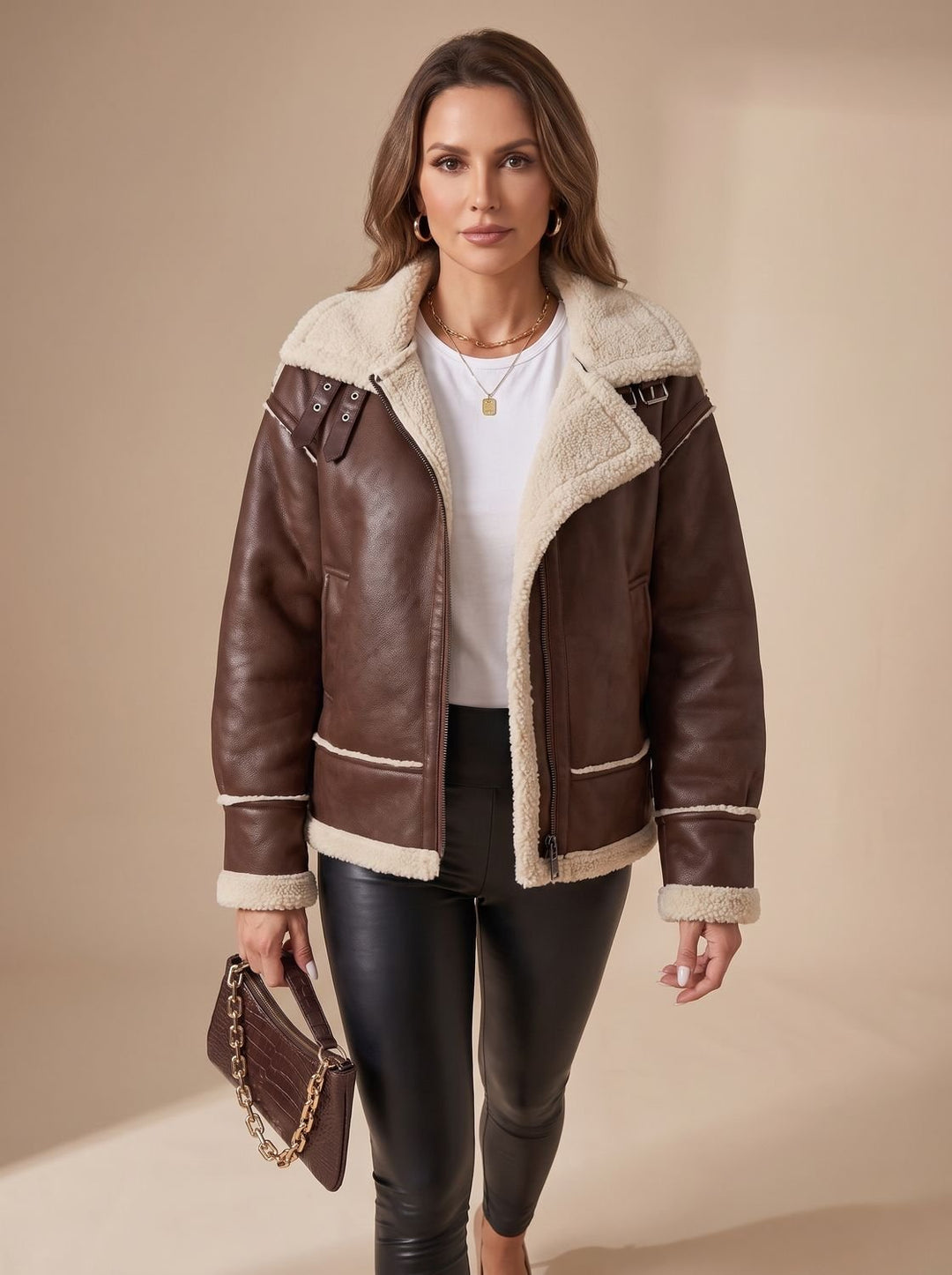 Women's Sherpa-Lined Faux Leather Aviator Coat in Black 6