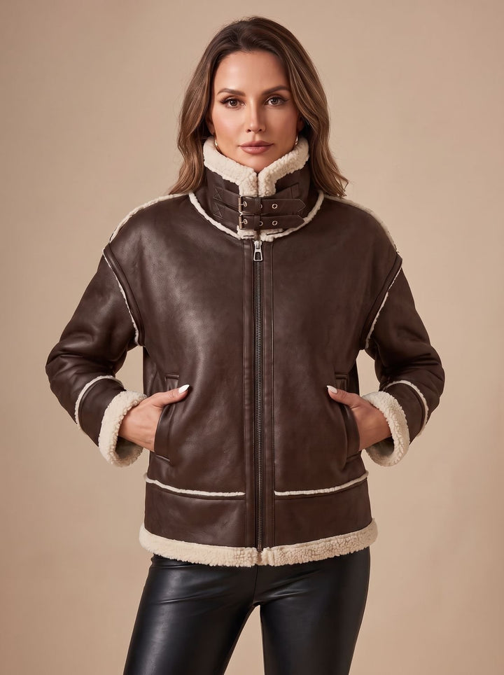 Women's Sherpa-Lined Faux Leather Aviator Coat in Brown