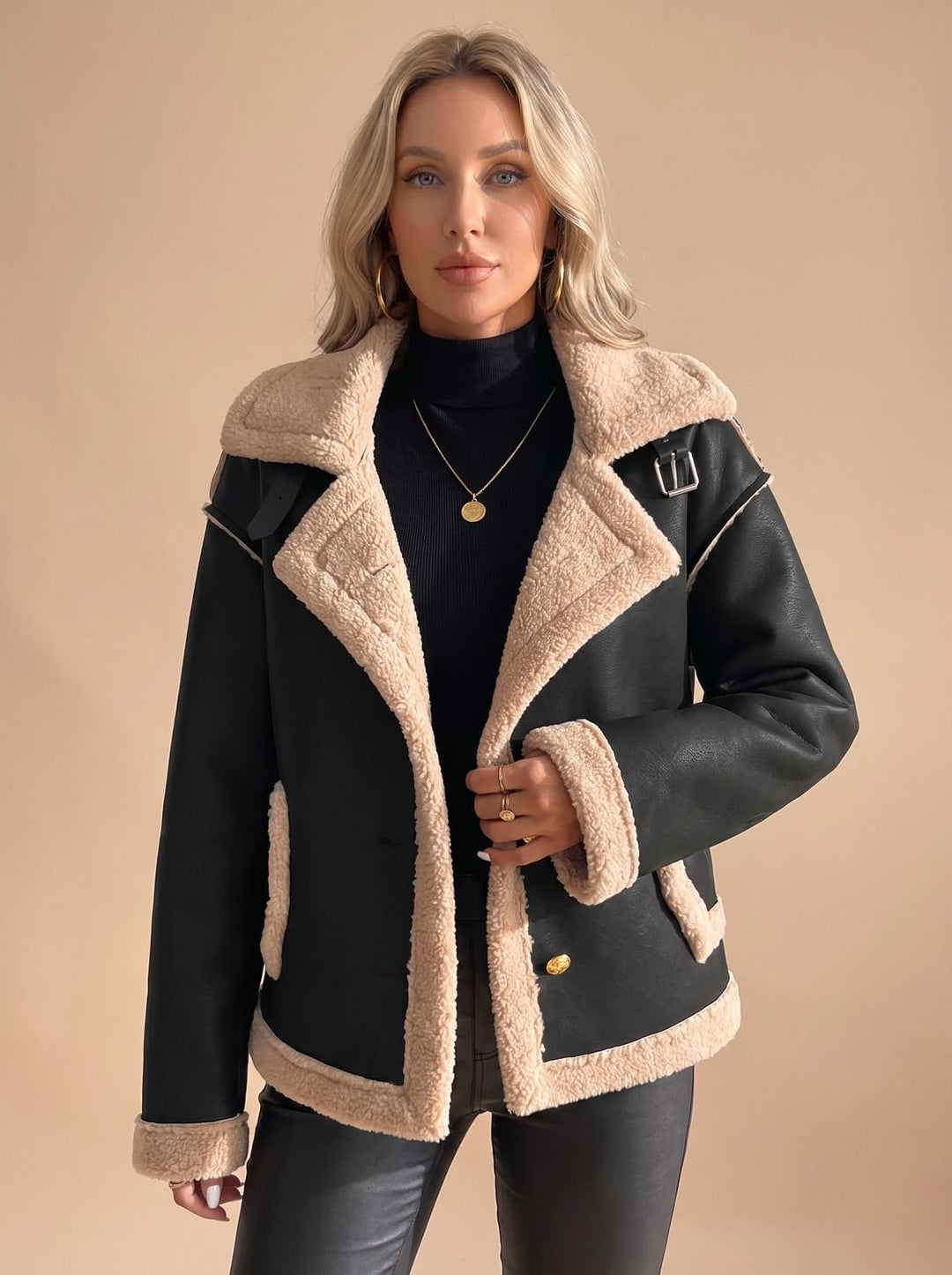Women's Sherpa-Lined Winter Coat Faux Leather in Black