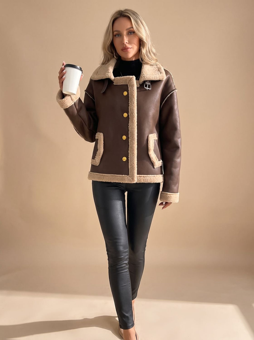 Women's Sherpa-Lined Winter Coat Faux Leather in Brown 1