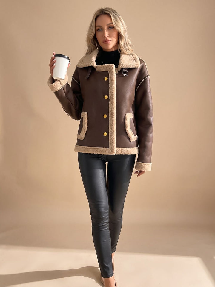 Women's Sherpa-Lined Winter Coat Faux Leather in Brown 1