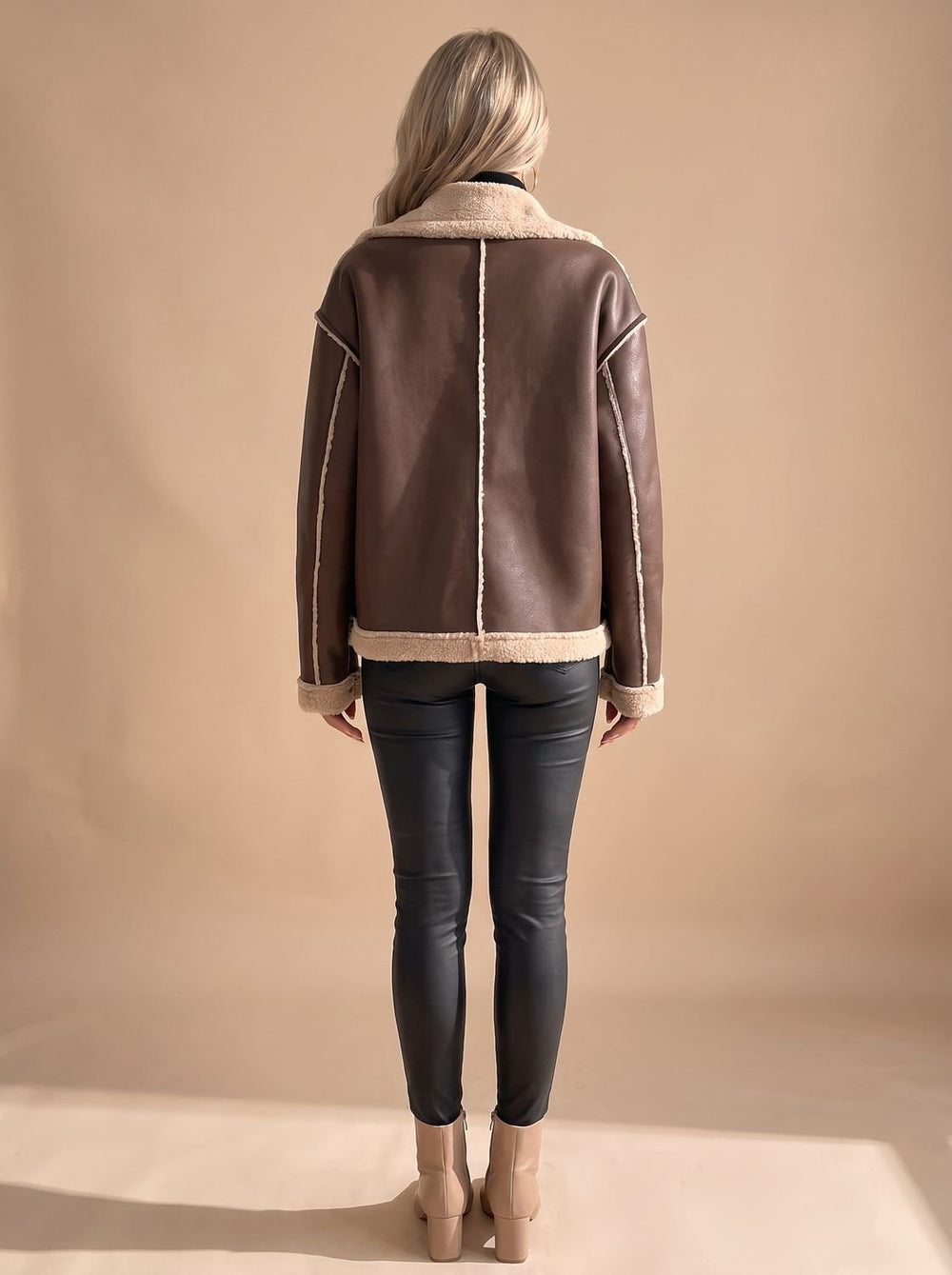 Women's Sherpa-Lined Winter Coat Faux Leather in Brown 2