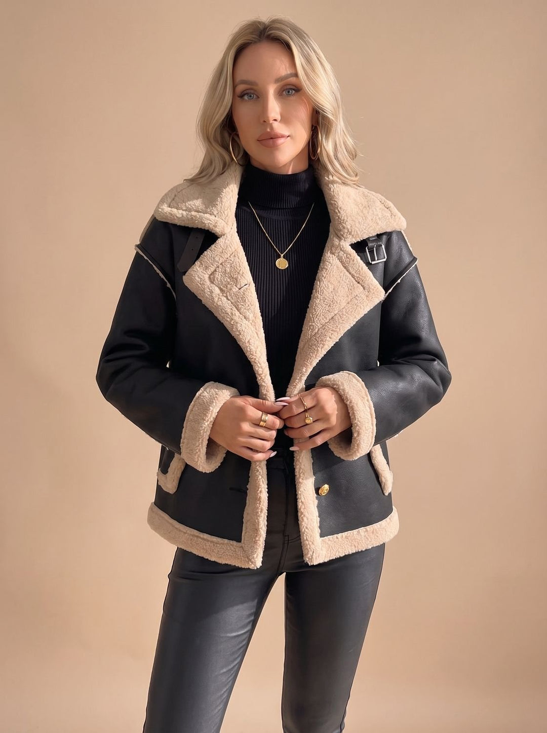 Women's Sherpa-Lined Winter Coat Faux Leather in Brown 3