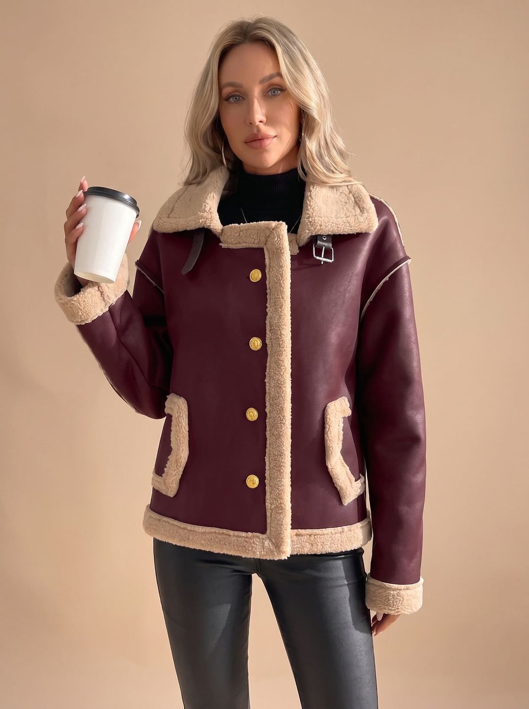 Women's Sherpa-Lined Winter Coat Faux Leather in Brown 4