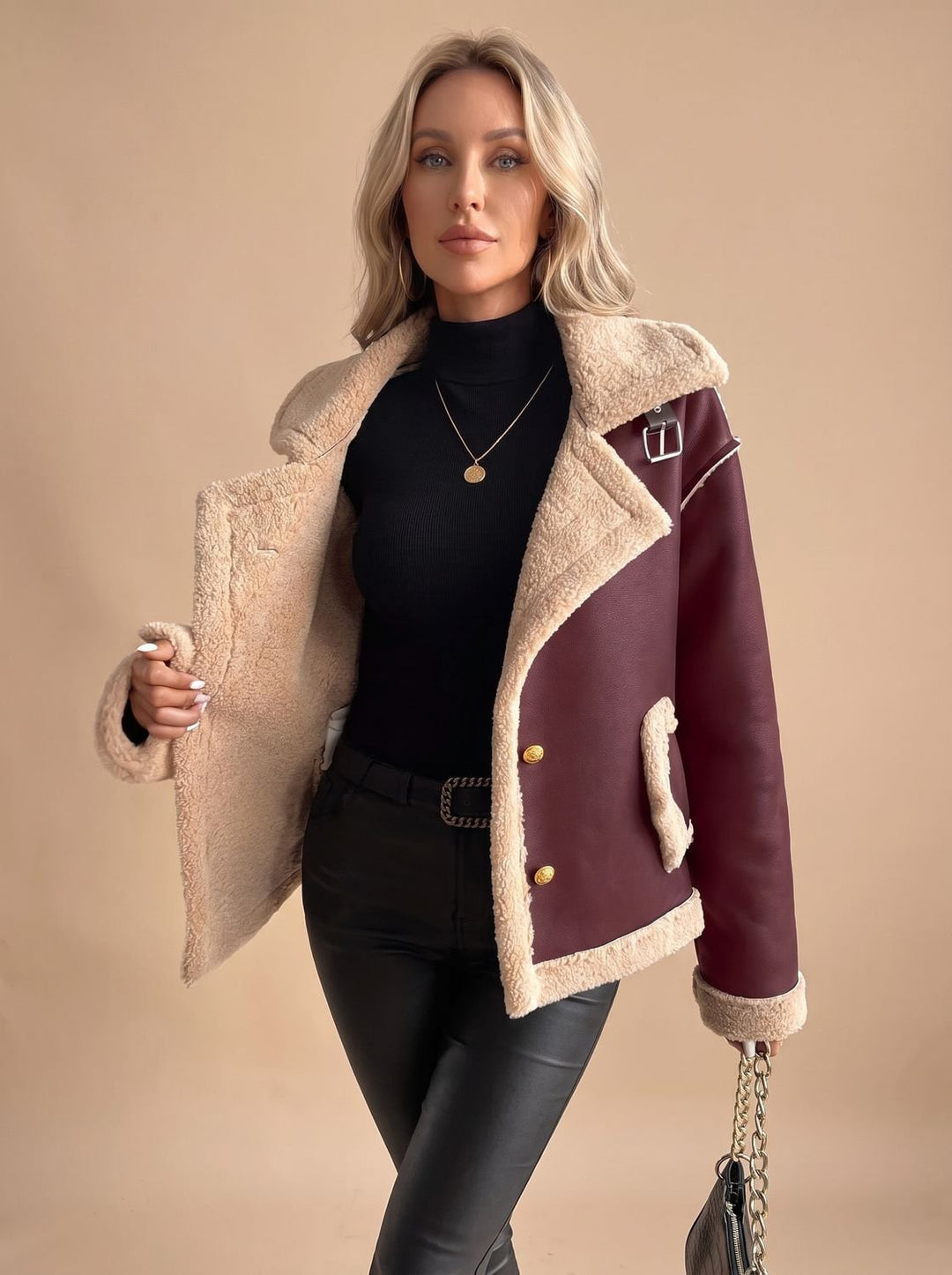 Women's Sherpa-Lined Winter Coat Faux Leather in Brown 5