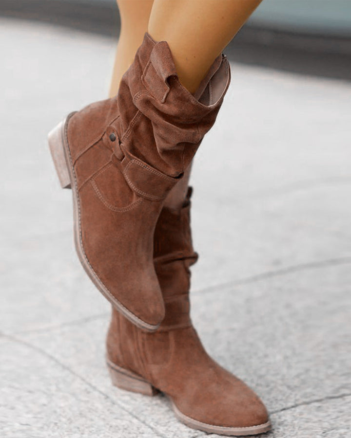 Women's Slouchy Ankle Boots with Buckle Strap in Dark Brown