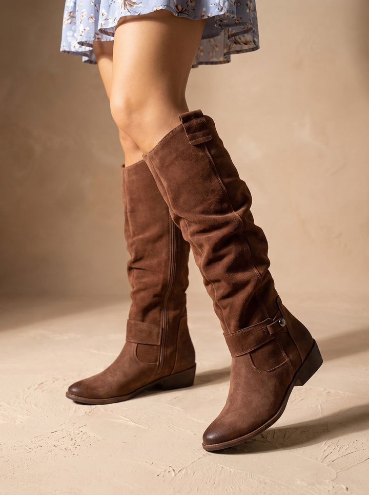 Women's Slouchy Knee High Boots in Faux Suede in Brown