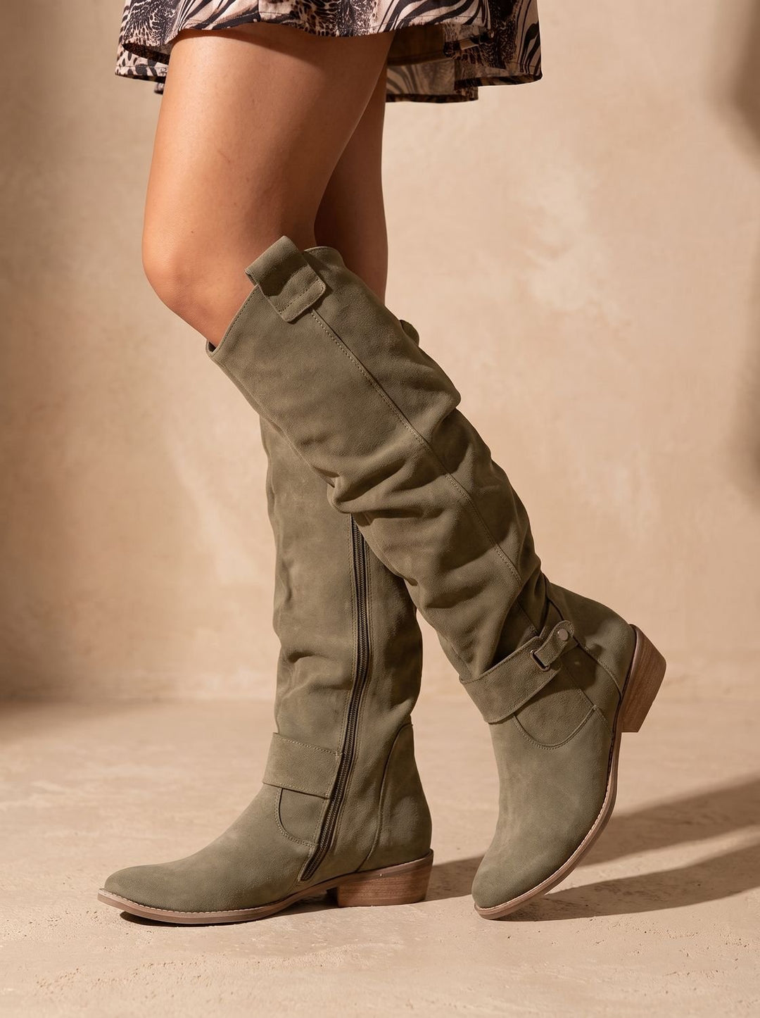 Women's Slouchy Knee High Boots in Faux Suede in Green