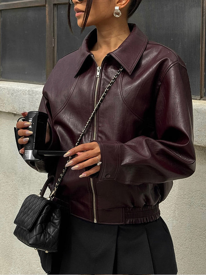 Women's Trench Coat Biker Jacket for Winter in Burgundy