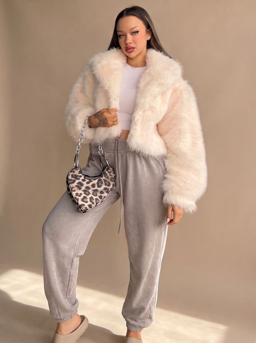 Women's Trench Coat in Cropped Faux Fur in Cream 1