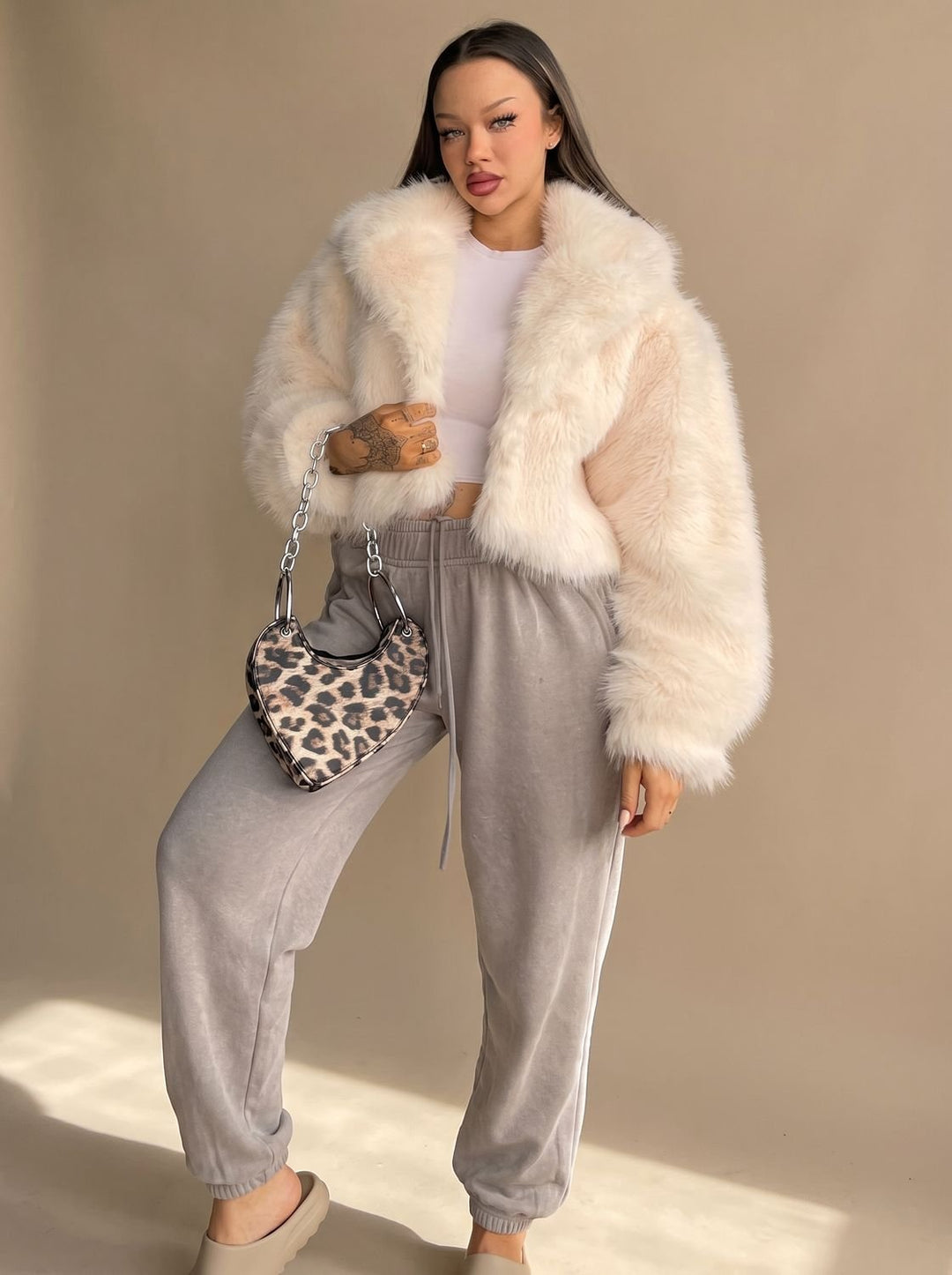 Women's Trench Coat in Cropped Faux Fur in Cream 2