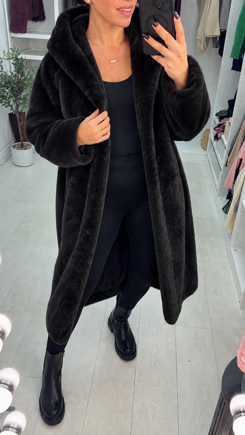 Women's Trench Coat with Faux Fur Hood in Black