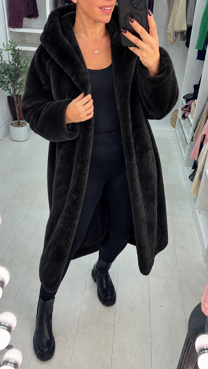 Women's Trench Coat with Faux Fur Hood in Black