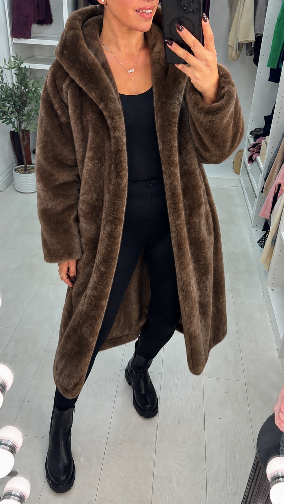 Women's Trench Coat with Faux Fur Hood in Chocolate