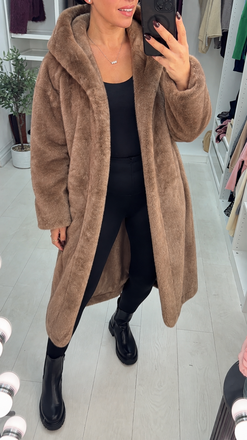 Women's Trench Coat with Faux Fur Hood in Mocha