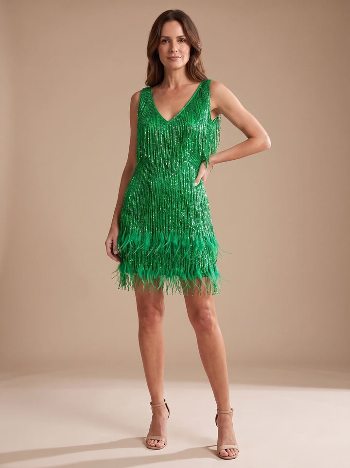 Women's V-Neck Christmas Party Dress with Sequin Fringe in Green
