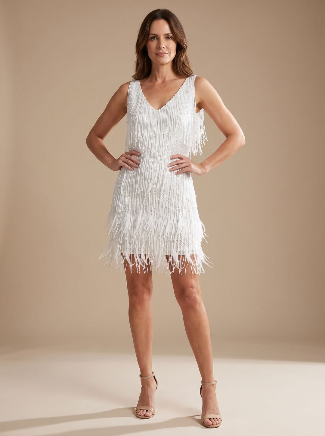 Women's V-Neck Christmas Party Dress with Sequin Fringe in White