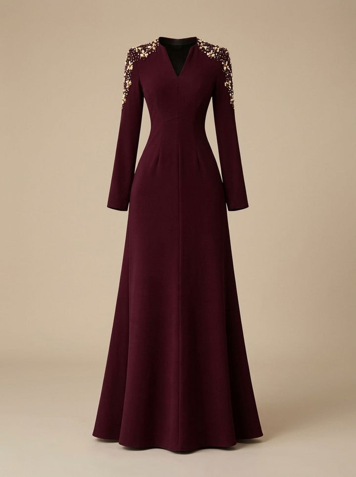 Women's V-Neck Long-Sleeve Maxi Christmas Party Dress in Burgundy