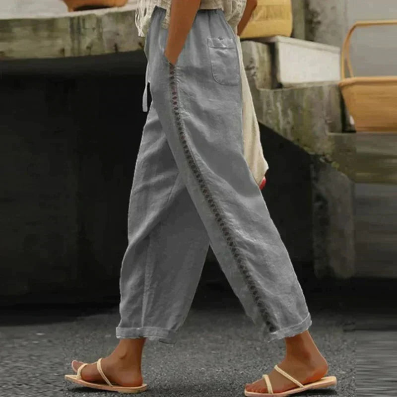 Women's Wide Leg Trousers with Drawstring Waist in Grey