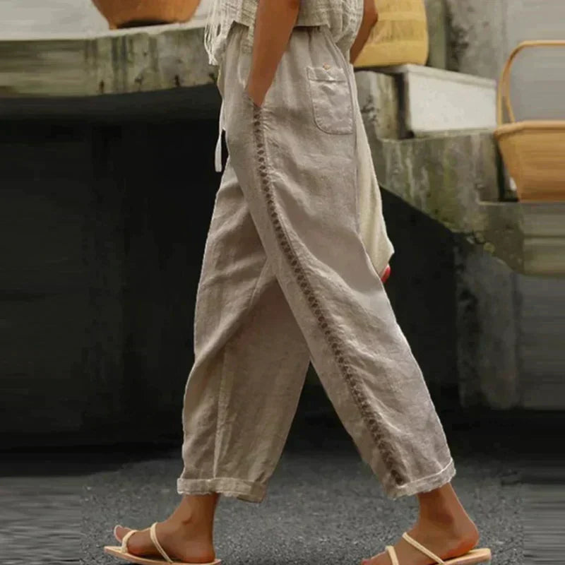 Women's Wide Leg Trousers with Drawstring Waist in Khaki