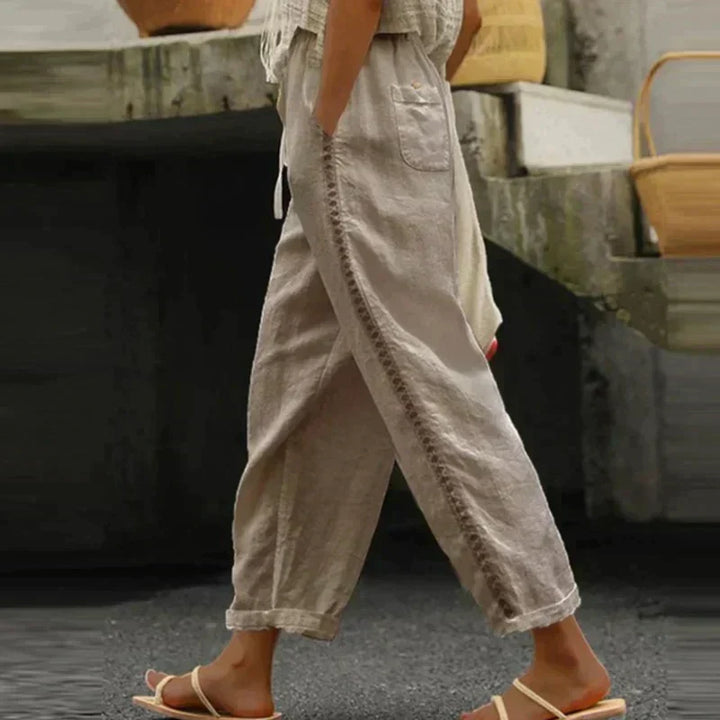 Women's Wide Leg Trousers with Drawstring Waist in Khaki