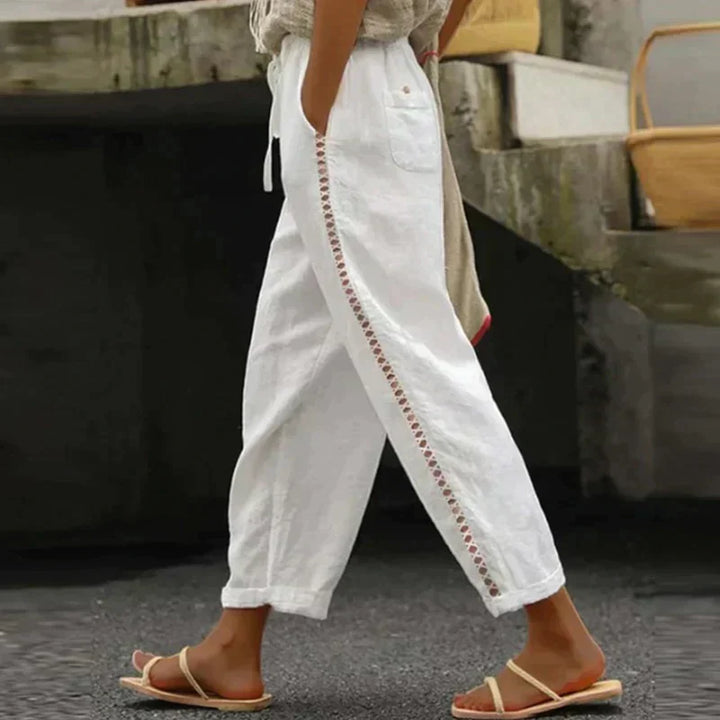 Women's Wide Leg Trousers with Drawstring Waist in White