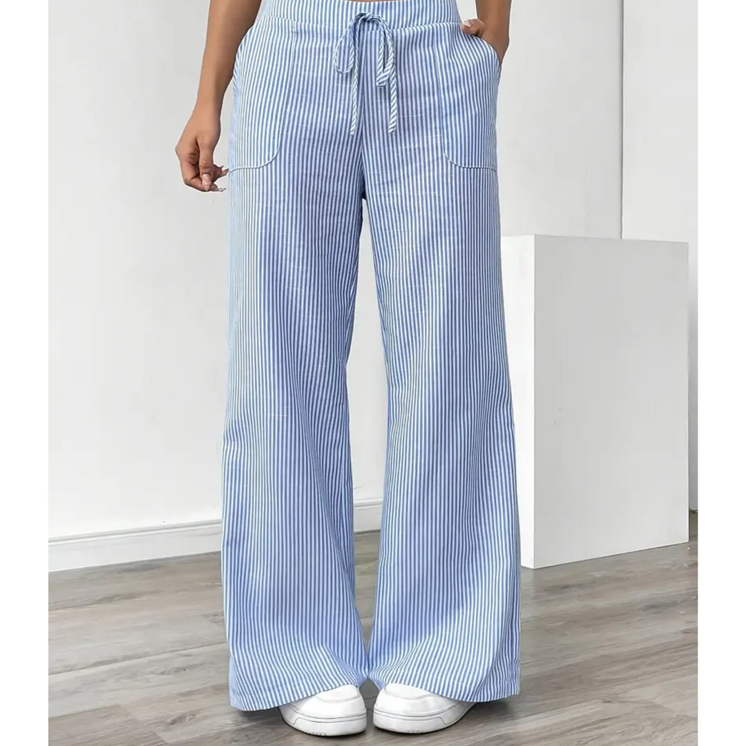 Women's Wide Leg Trousers with Fine Stripes in Blue