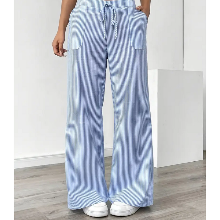 Women's Wide Leg Trousers with Fine Stripes in Blue