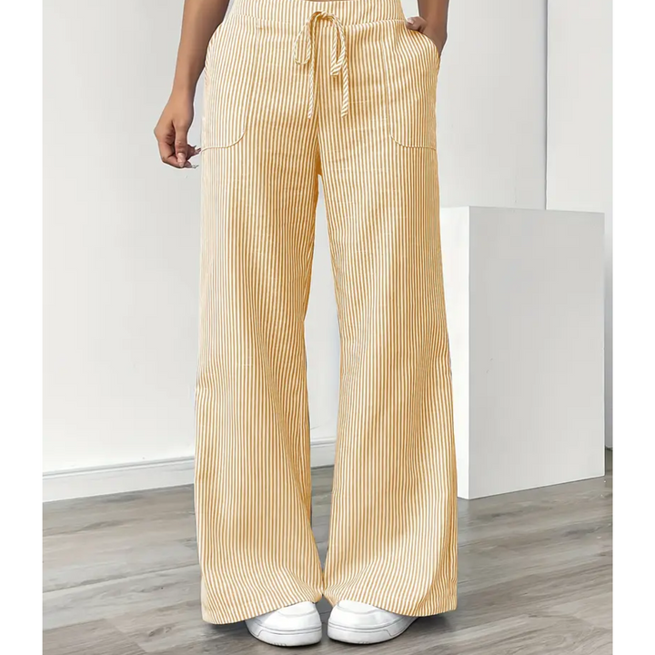 Women's Wide Leg Trousers with Fine Stripes in Yellow