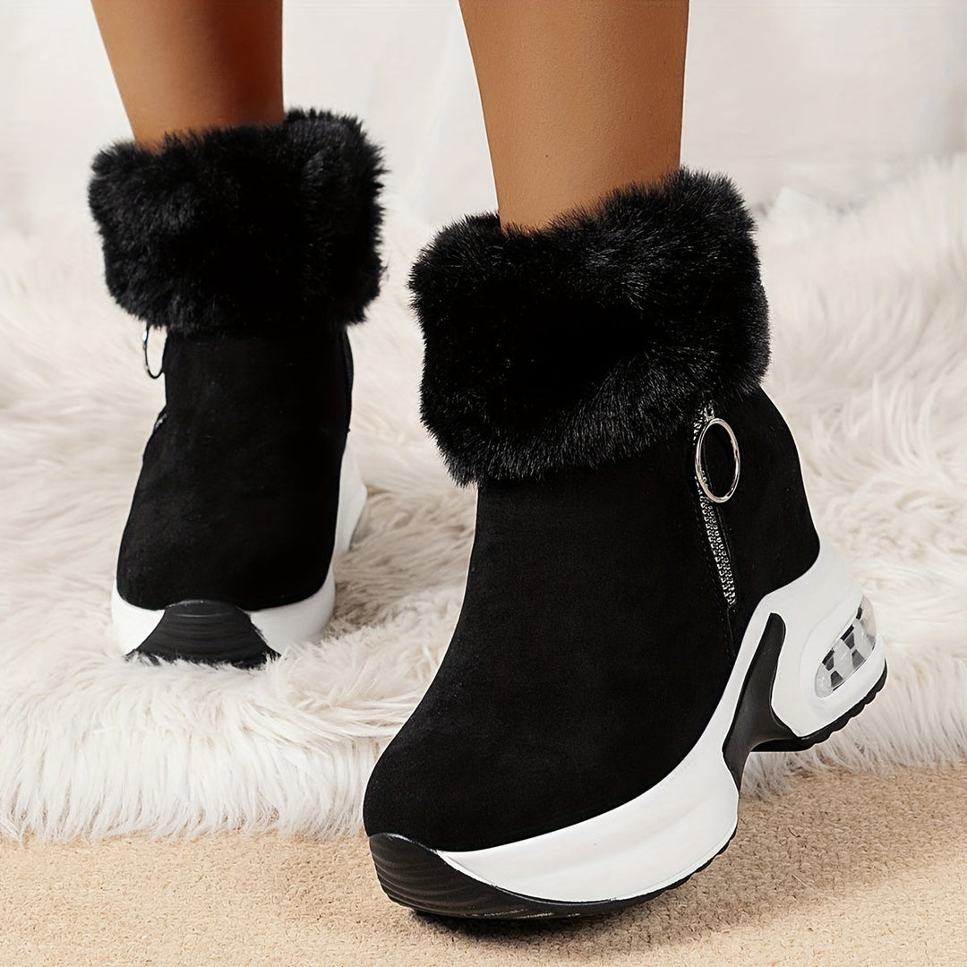Women's Winter Ankle Boots with Faux Fur Trim in Black