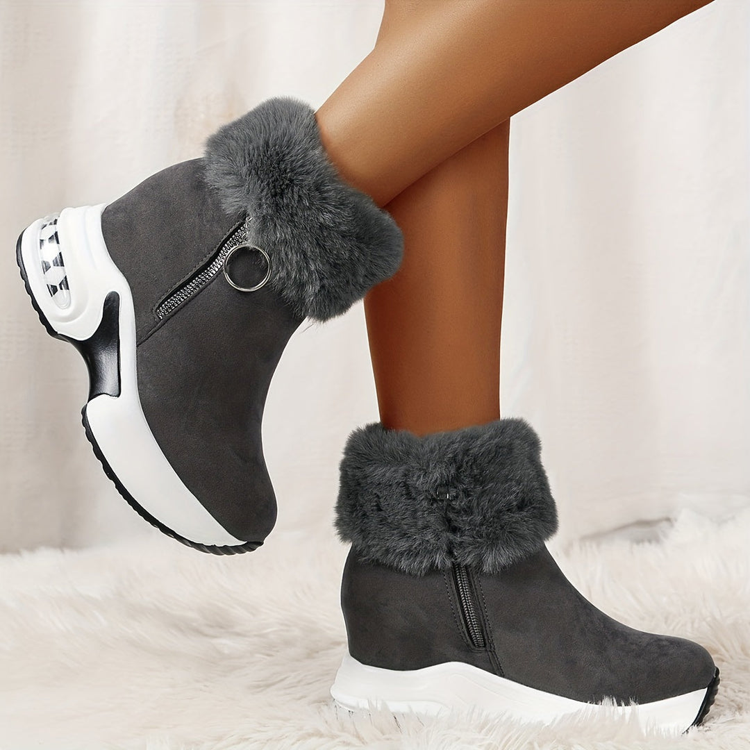 Women's Winter Ankle Boots with Faux Fur Trim in Grey