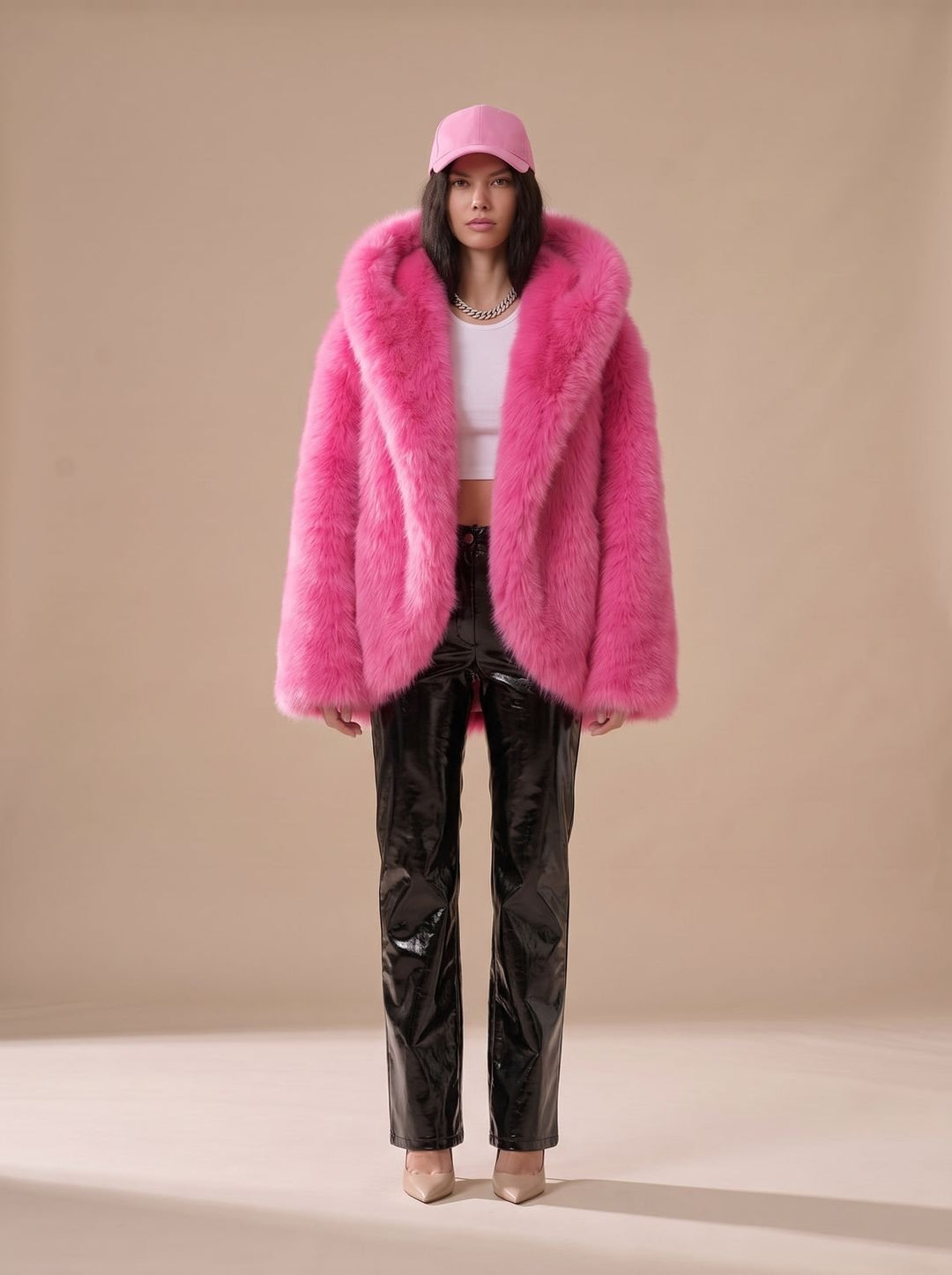 Women's Winter Faux Fur Coat, Oversized Fit in Pink