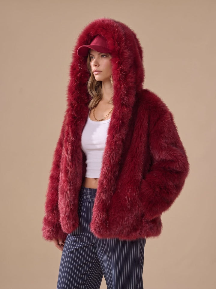 Women's Winter Faux Fur Coat, Oversized Fit in Red