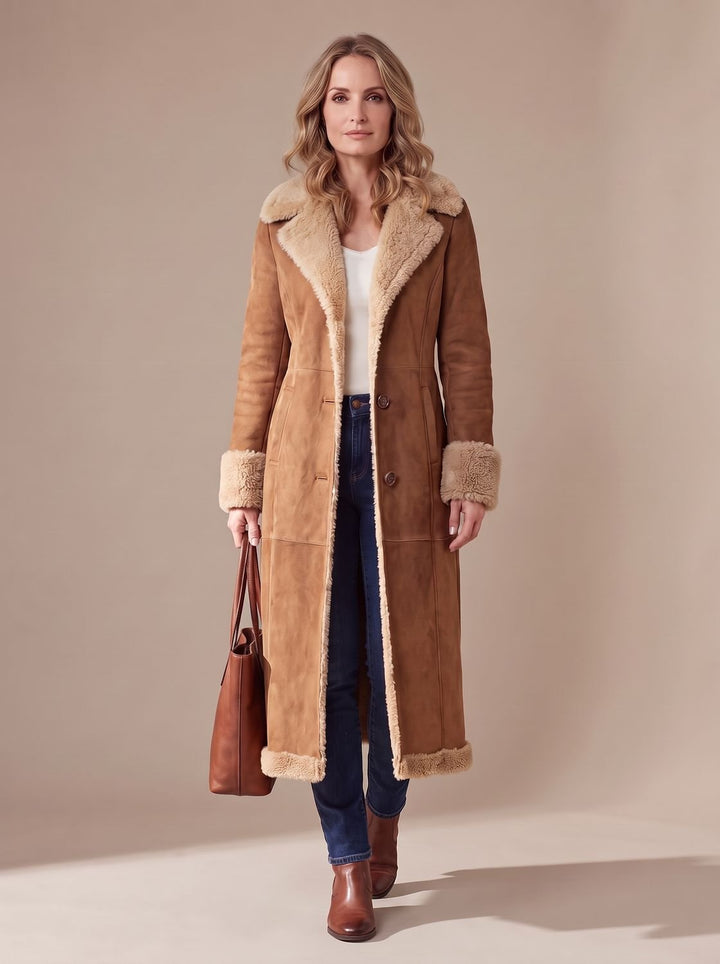 Women's Winter Faux Fur Trench Coat in Brown