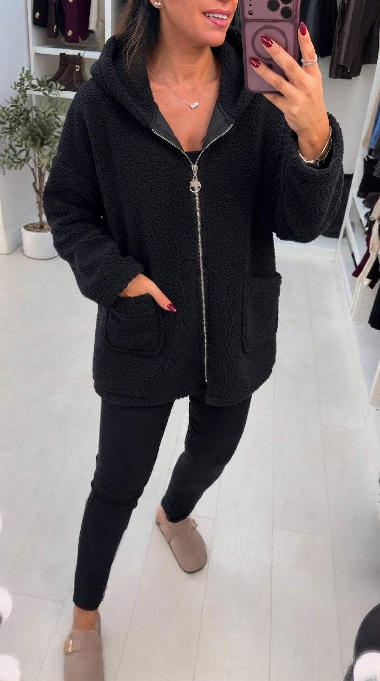 Women's Winter Hooded Boucle Trench Coat in Black