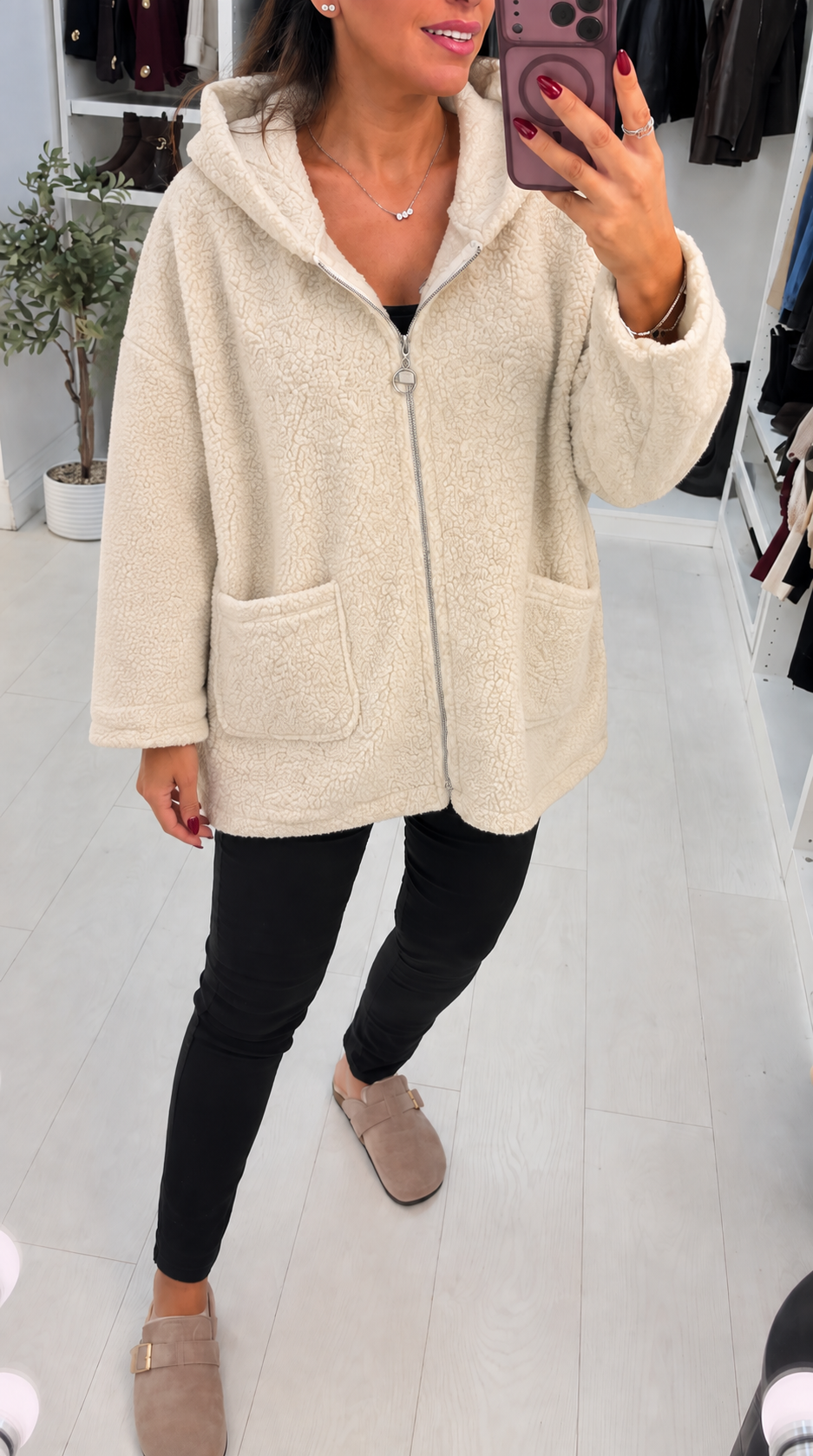 Women's Winter Hooded Boucle Trench Coat in Cream
