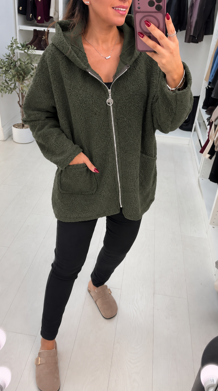 Women's Winter Hooded Boucle Trench Coat in Khaki